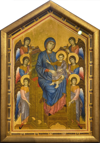 Encadrement d'une icône religieuse avec un cadre doré de forme pentagone qui rappelle l'architecture gothique.