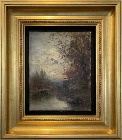 Encadrement d'une toile en caisse américaine ornée d'un cadre doré.