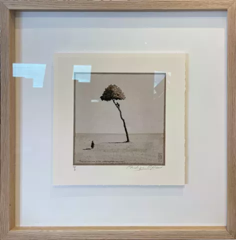 Encadrement chêne en vitrine et sujet flottant.