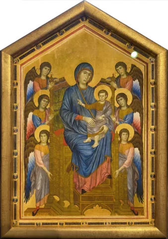 Encadrement d'une icône religieuse avec un cadre doré de forme pentagone qui rappelle l'architecture gothique.